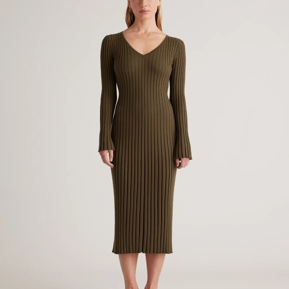 Quince Cotton Cashmere Elegant Olive Green Ribbed Knit Dress